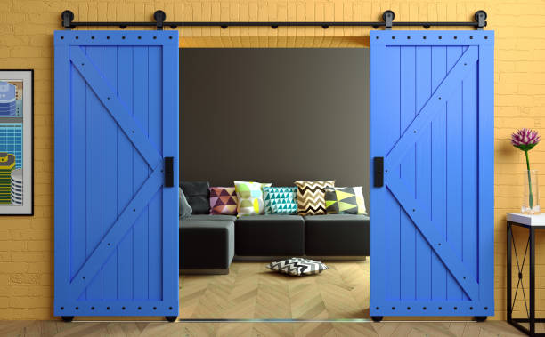 exclusive barn sliding loft door in room - barn door imagens e fotografias de stock