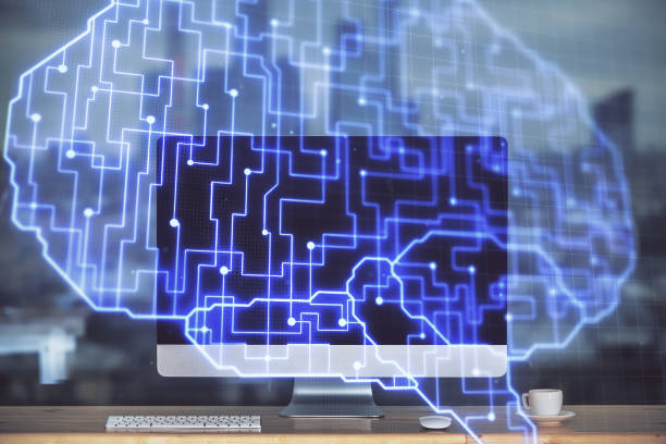 istock Double exposure of table with computer and brain hologram. Data innovation concept. 1290348792