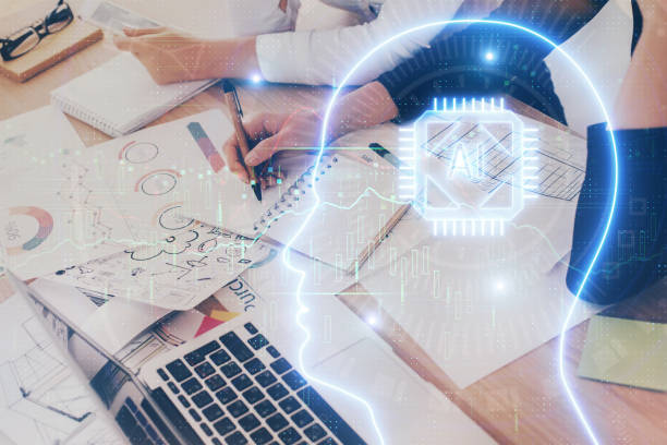 istock Double exposure of woman's writing hand on background with brain hud. Concept of learning. 1290349062