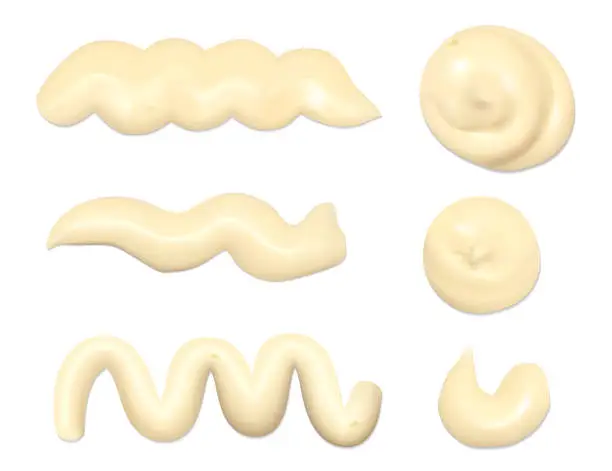 Vector illustration of Mayonnaise sauce drops. Collection of realistic cheese sauce smears. Vector illustration of cream yogurt texture blobs isolated on white background