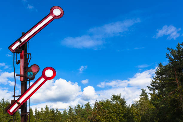 old historic railway signal with a blue sky background