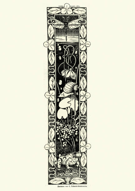 Vintage illustration of a Frog, Snail and Dragonfly design, Art Nouveau, Jugendstil