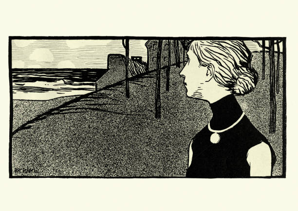 ilustrações de stock, clip art, desenhos animados e ícones de portrait of a woman looking mournful out to sea, art nouveau, jugendstil - women victorian style retro revival art nouveau