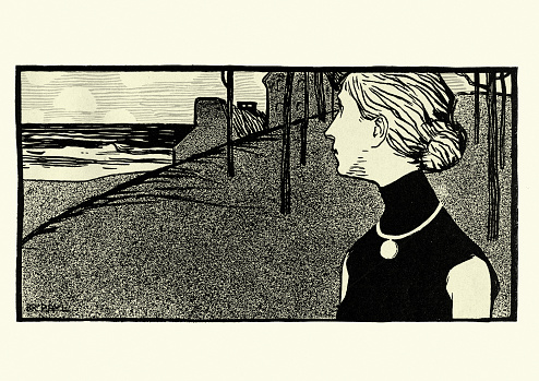 Vintage illustration of Portrait of a woman looking mournful out to sea, Art Nouveau, Jugendstil