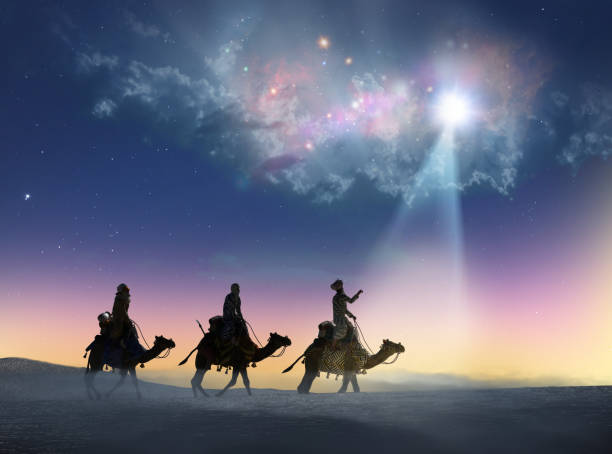 chrześcijańska scena bożonarodzeniowa z trzema mędrcami i lśniącą gwiazdą, 3d render - star of bethlehem zdjęcia i obrazy z banku zdjęć