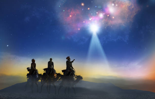 istock Christian Christmas scene with the three wise men and shining star, 3d   render 1290355596