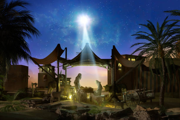 geboorte van jezus - scène met de heilige familie met komeet, 3d render - kerststal stockfoto's en -beelden