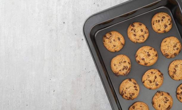istock Chocolate chip cookies on a baking tray with copy space 1290358292