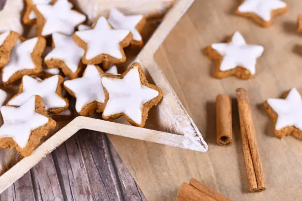 German star shaped glazed Christmas cinnamon cookies called 'Zimtsterne' made with amonds, egg white, sugar, cinnamon and flour in star shaped wooden bowl