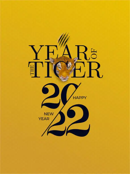 Vector illustration of Chinese New Year 2022. Year of the Tiger. Lunar new year 2022. Chinese New Year seamless pattern, banner, greeting card. Vector illustration with black holiday label isolated on yellow background.