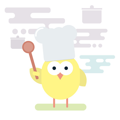Vector flat illustration of chicken chef with wooden spoon. Stylized easter pictogram.