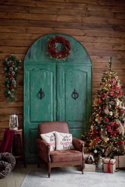 istock Rustic dark Christmas interior with door 1290364141