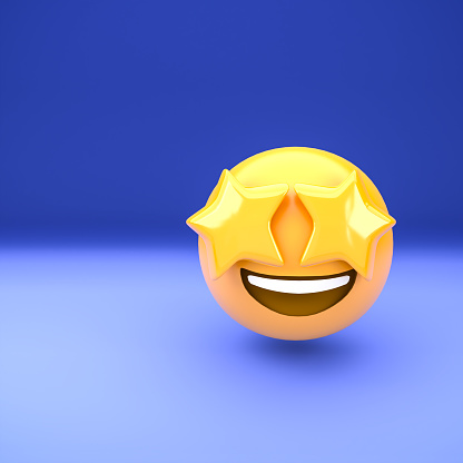 3d emoji face with stars as eyes on a blue background. Star-struck.