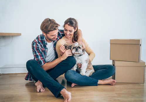 Beautiful happy couple and their shih tzu dog moving in new apartment. Cheerful couple surrounded with cardboard boxes sitting on the floor in their new house.