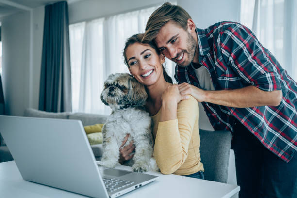 istock Cheerful couple having video call at home. 1290368233