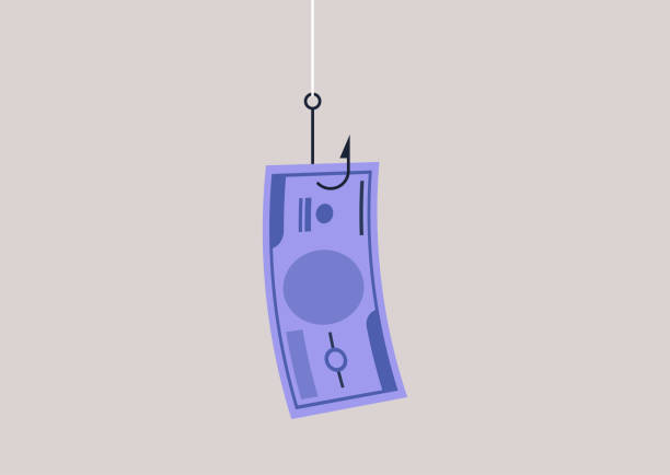 ilustrações de stock, clip art, desenhos animados e ícones de a paper banknote hanging on a hook, online scam, phishing activity - catch of fish illustrations