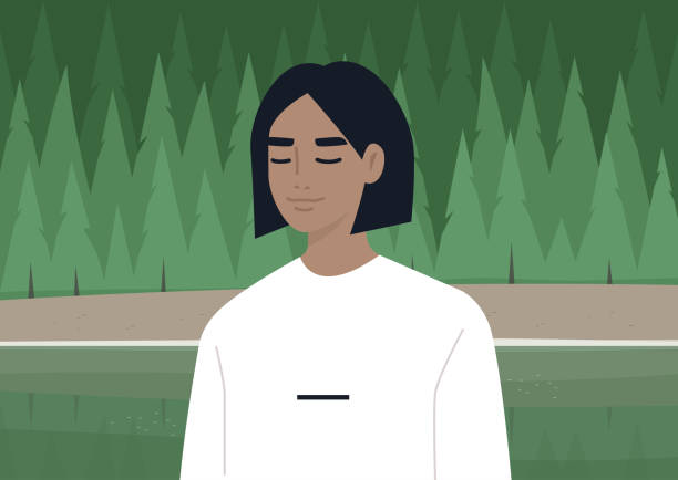 ilustrações de stock, clip art, desenhos animados e ícones de a tranquil forest meditation, a young female character resting with closed eyes - balance health well being background white