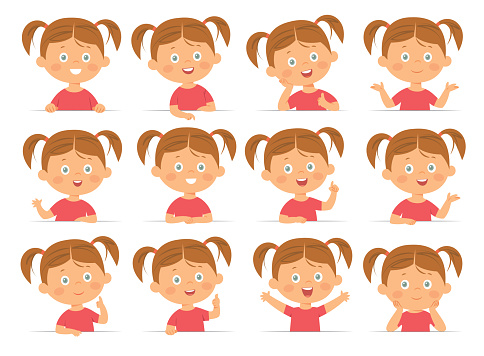 Vector Little girl face expressions, set of cartoon illustrations isolated on white background