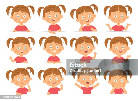 istock Little girl face expressions, set of cartoon illustrations isolated on white background 1290368943