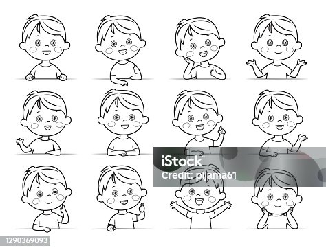 istock Black And White, Little boy face expressions, set of cartoon vector illustrations isolated on white background 1290369093