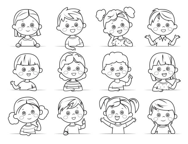 Coloring Page boys and girls collection. Multi-ethnic group of happy children. Different cartoon faces icons Vector Coloring Page boys and girls collection. Multi-ethnic group of happy children. Different cartoon faces icons african american boy drawing stock illustrations