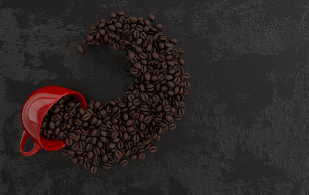 コーヒーと現実的なコーヒー豆の平らな横たわって、3dレンダリングの背景のカップ。コーヒー豆の塊がクローズアップ。 - caffeine macro close up bean ストックフォトと画像