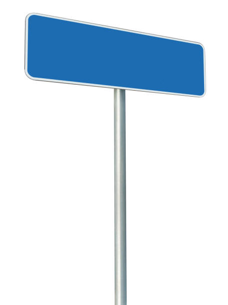 istock Blank Empty Blue Road Sign Copy Space, Isolated Background Closeup, Grey Pole Post, Large White Frame, Framed Roadside Signboard Perspective, Vertical 1290369934