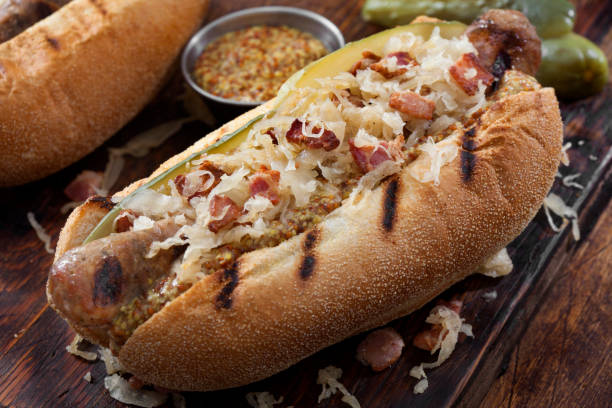 Grilled Bratwurst with Fried Sauerkraut and Crispy Bacon