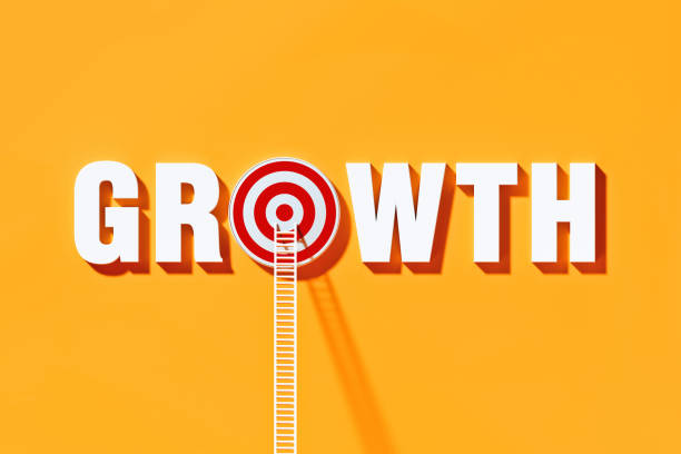 istock White Ladders Leaning on Growth Written  Bull's Eye Target on Yellow Wall 1290370801