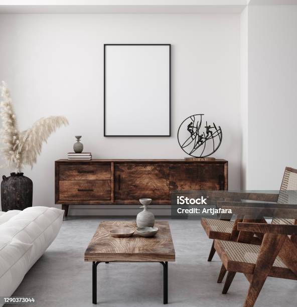 Mockup Poster Frame In Minimalist Modern Interior Background Stock Photo - Download Image Now