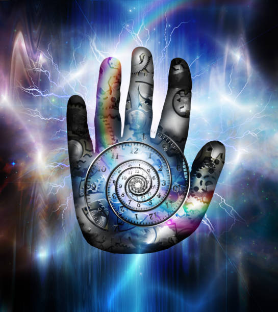 istock Machine God. Human palm and cog wheels 1290373064