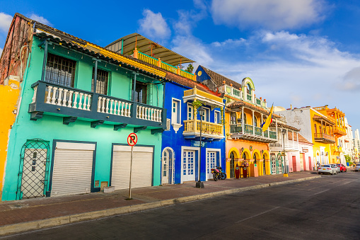 Scenic colorful streets of Cartagena in historic Getsemani district near Walled City (Ciudad Amurallada).