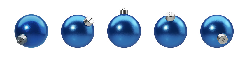 Blue Christmas baubles from different angles on white background. Horizontal composition clipping path and with copy space. Front view. Great use as a design element for Christmas related concepts.
