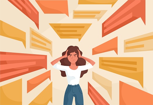 Sad young woman covering ears with hands to stop flow of negative information. Fake news, advertising noise, disinformation, raising a panic concept. Flat cartoon vector illustration