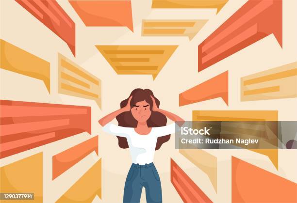 Sad Young Woman Covering Ears Stock Illustration - Download Image Now - Misinformation, Fake News, Concentration