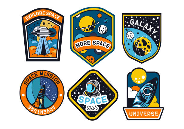 illustrations, cliparts, dessins animés et icônes de ensemble d’insignes d’espace abstraits et futuristes, de patchs, d’emblèmes, - science planet space rocket