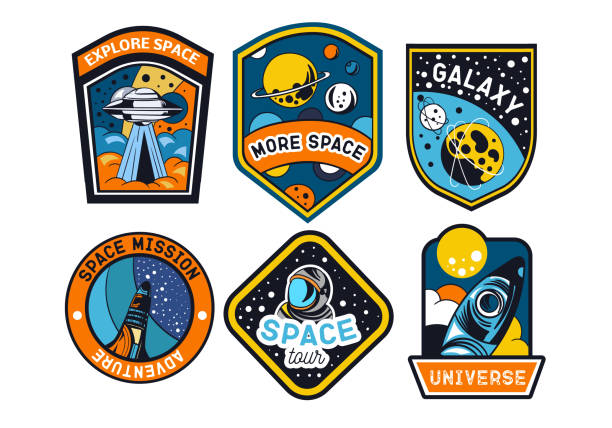 ilustrações, clipart, desenhos animados e ícones de conjunto de crachás espaciais abstratos e futuristas, patches, emblemas, - science planet space rocket