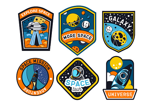 Set of abstract and futuristic space badges, patches, emblems, and labels. Vector illustration