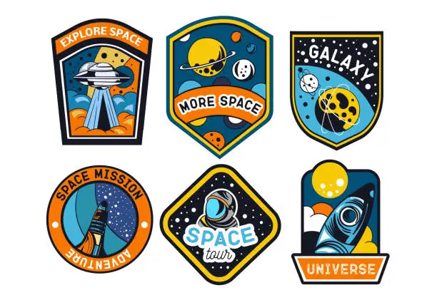 Vector illustration of Set of abstract and futuristic space badges, patches, emblems,