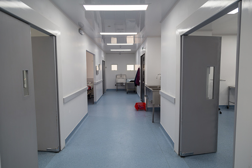 Wide view of an empty hospital ward room in Newcastle, England.