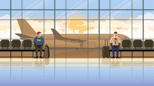 Love at first sight concept of LGBT between males. Using smartphone at the international airport terminal. Waiting for flight at the early morning sunrise. Romantic scene with plane runway background. Vector illustration idea concept of city Lifestyle in the early morning airport sunrise stock illustrations
