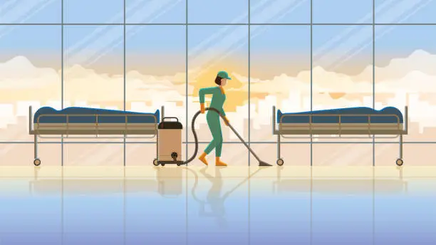 Vector illustration of Alone woman cleaning maid working at morgue room hospital with corpse in the early morning sunrise. Daily routine career lifestyle of diligent work hard overwork lifestyle professional service hours.