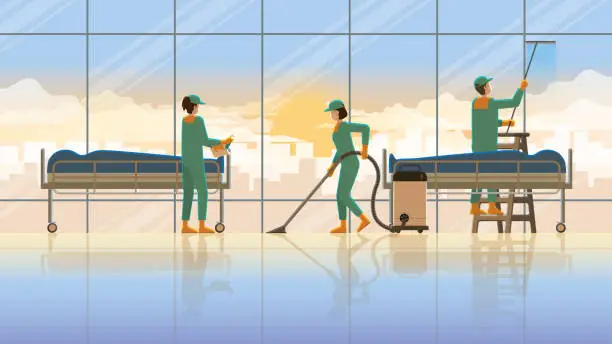 Vector illustration of Cleaning service team maid working at morgue room hospital with corpse in the early morning sunrise. Daily routine career lifestyle of diligent work hard overwork lifestyle professional service hours.