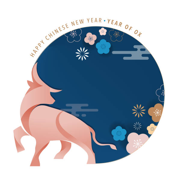 ilustraciones, imágenes clip art, dibujos animados e iconos de stock de año nuevo chino 2021 año del buey, vaca roja, símbolo del zodiaco chino. fondo vectorial con decoraciones orientales tradicionales - paintings sign astrology fortune telling