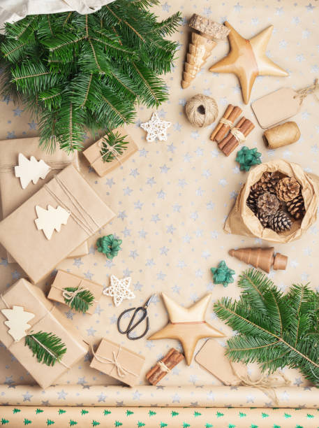 istock Christmas wreath and accessories on wooden table 1290392353