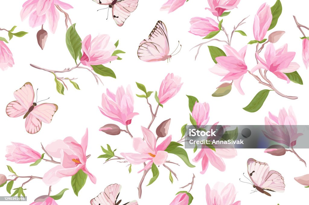 Ilustración de Patrón Vectorial Sin Costuras Floral De Acuarela Magnolia Mariposas Flores De Magnolia De Verano Hojas Fondo De Flores Fondo De Pantalla Japonés De La Boda De La Primavera Para La Ilustración de Patrón Vectorial Sin Costuras Floral De Acuarela Magnolia Mariposas Flores De Magnolia De Verano Hojas Fondo De Flores Fondo De Pantalla Japonés De La Boda De La Primavera Para La