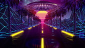 80s retro futuristic sci-fi seamless loop. VJ landscape with neon UFO lights
