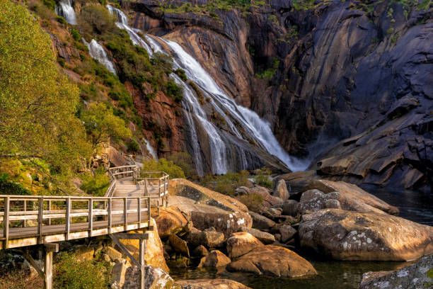 Photo of the boardwalk leading to the Ezaro Waterfall in western Galicia