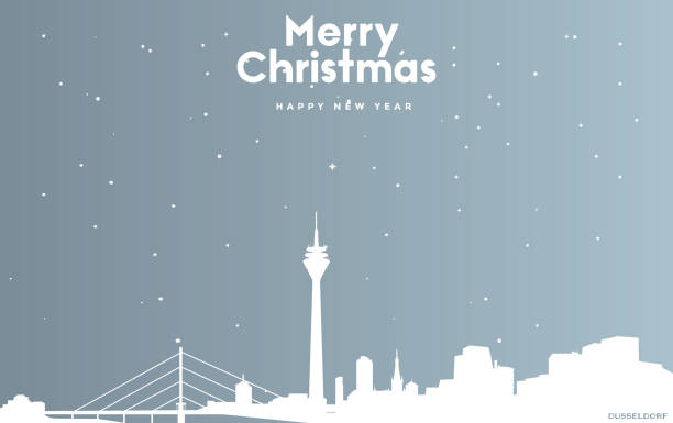stockillustraties, clipart, cartoons en iconen met kerst en nieuwe jaar blauwe wenskaart met witte stadsgezicht van düsseldorf - dusseldorf