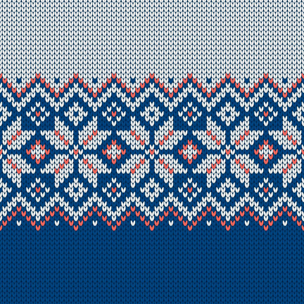 ilustrações, clipart, desenhos animados e ícones de suéter de estilo nativo norueguês, ornamento com flocos de neve. projeto fair isle. - sweater cardigan knitting blue